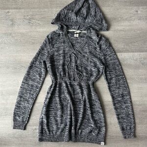 Roxy Grey knitted hooded v neck hoodie sweater mini dress/ long top size L